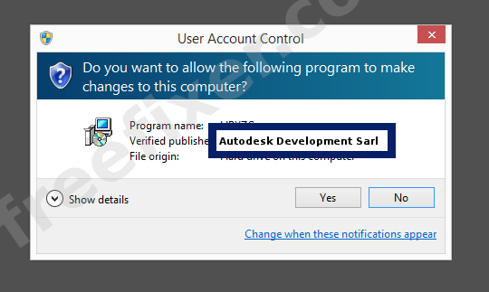 Screenshot where Autodesk Development Sarl appears as the verified publisher in the UAC dialog